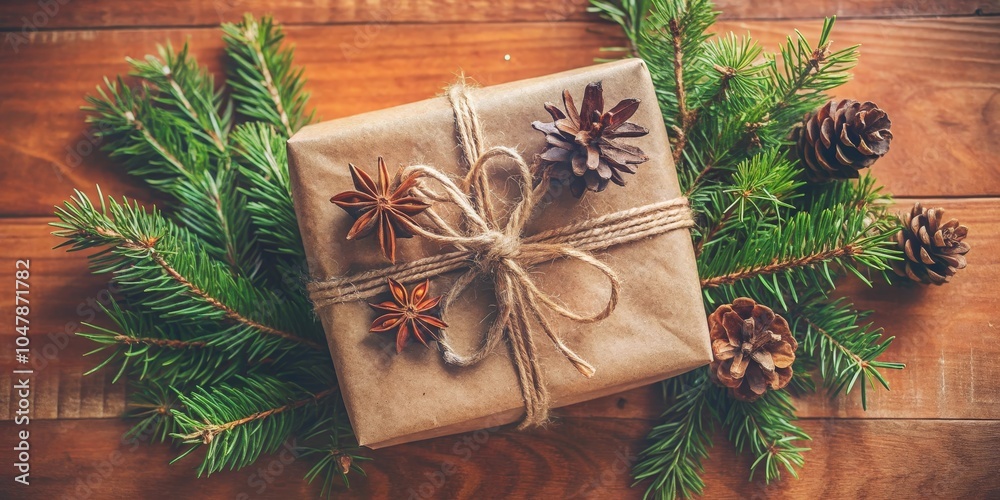 A Rustic Christmas Gift Wrapped in Brown Paper, Adorned with Star Anise and Pine Cones, Resting on a Wooden Surface A Rustic Christmas Gift Wrapped in Brown Paper, Adorned with Star Anise and Pine Cones, Resting on a Wooden Surface