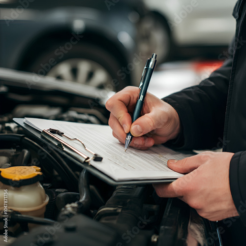 A mechanic fills out a checklist on a clipboard while inspecting a car engine.