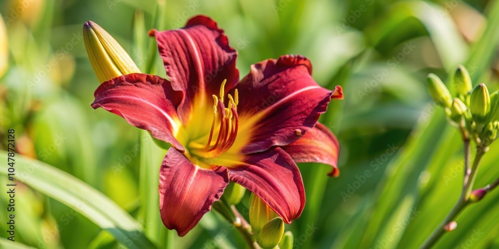 Obraz premium A vivid crimson lily blossom with yellow stamens and a hint of green foliage in the background