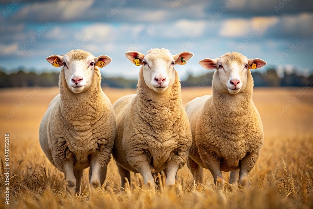 Obraz premium Symmetrical photo of three sheep in a stubble paddock