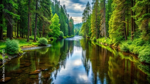Symmetrical picture of river in forest with trees and shrubbery