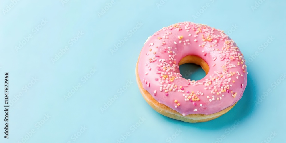 A Single Pink Glazed Donut with Sprinkles on a Light Blue Background A Single Pink Glazed Donut with Sprinkles on a Light Blue Background