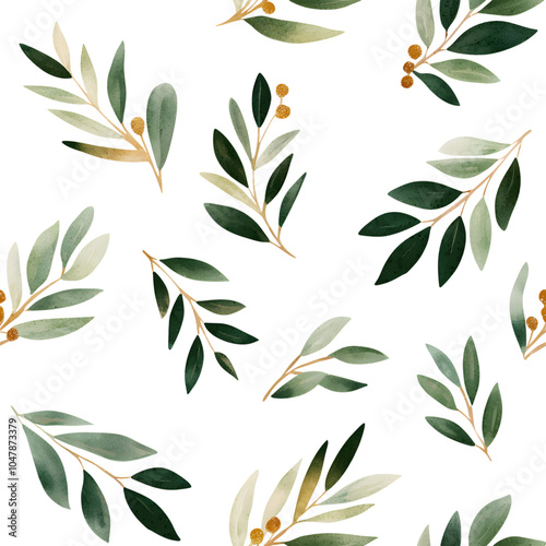 A stylish botanical pattern featuring green leaves and small berries on a stark white background, ideal for textile or wallpaper designs.