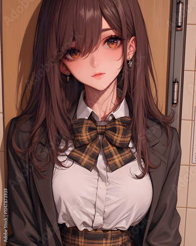 Anime Girl with Brown Hair and School Uniform photo