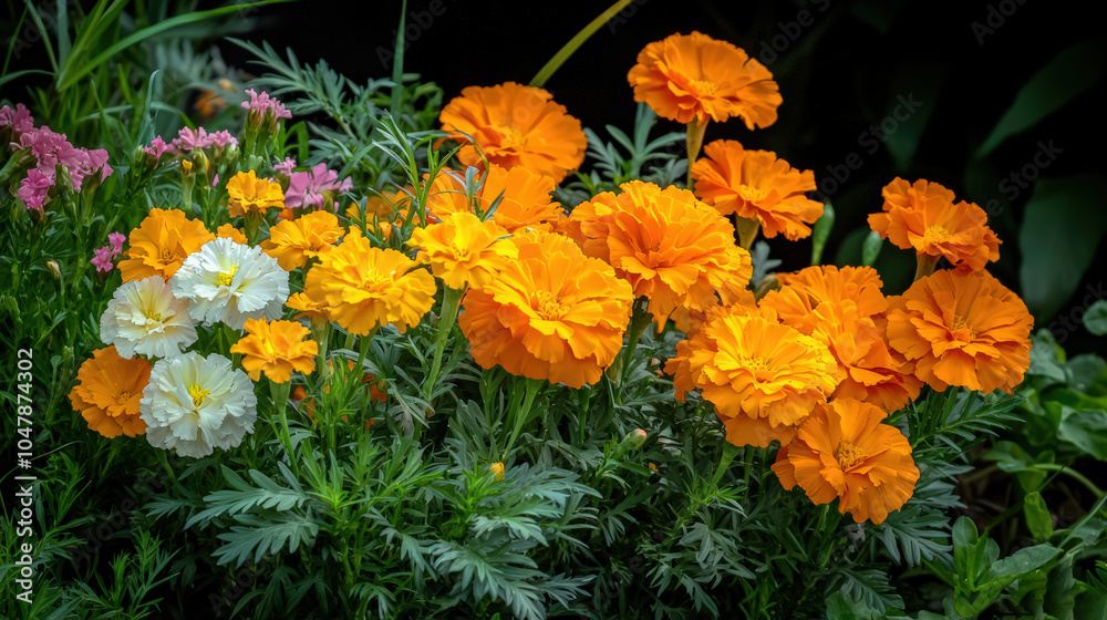 Vibrant marigolds and wildflowers in a lush garden setting Vibrant marigolds and wildflowers in a lush garden setting