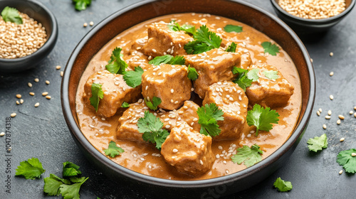 Delicious slices of tender vegan seitan in rich, spicy Thai peanut sauce, garnished with fresh cilantro and sesame seeds, creating vibrant and flavorful dish