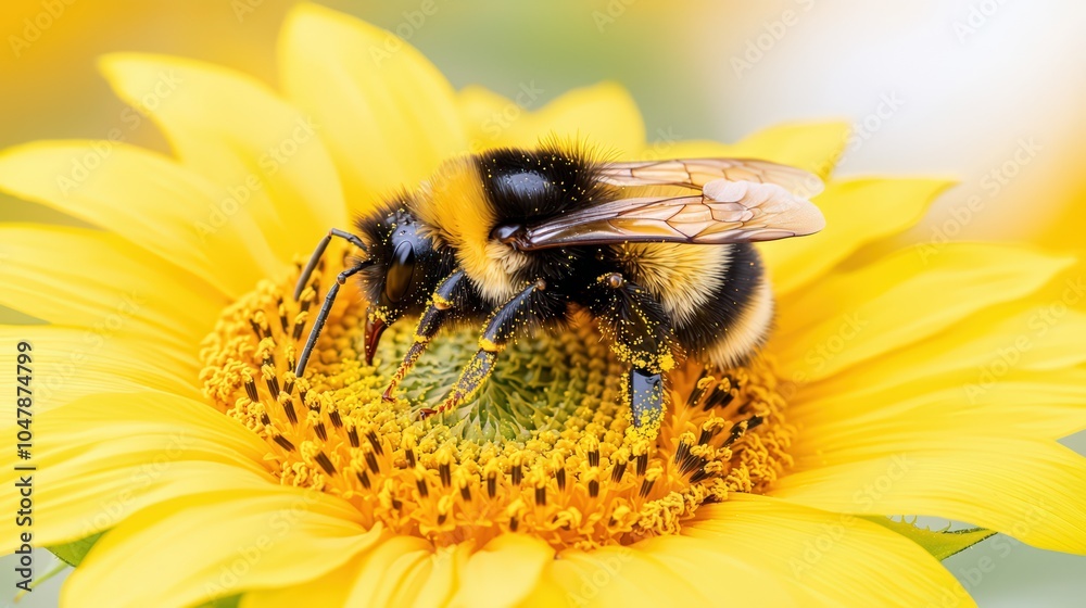 Close-up of bumblebee pollinating vibrant yellow sunflower in bloom Close-up of bumblebee pollinating vibrant yellow sunflower in bloom