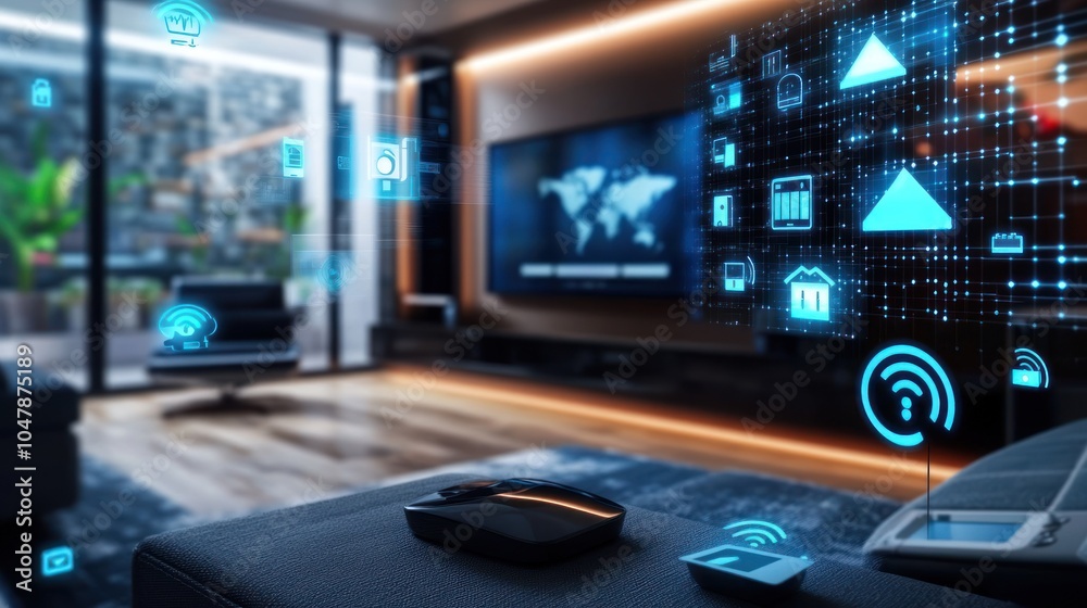 A modern living room interior with a smart home system interface. A modern living room interior with a smart home system interface.