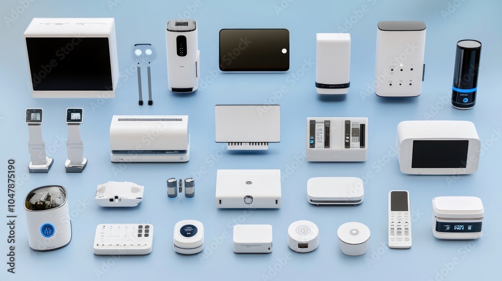 A collection of various white electronic devices and gadgets on a light blue background. A collection of various white electronic devices and gadgets on a light blue background.