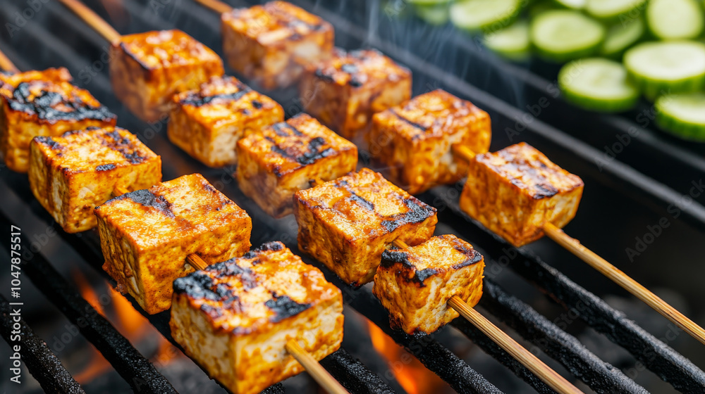 Grilled tofu skewers are delicious and healthy option, featuring tender pieces of tofu marinated and cooked over charcoal, creating smoky flavor Grilled tofu skewers are delicious and healthy option, featuring tender pieces of tofu marinated and cooked over charcoal, creating smoky flavor