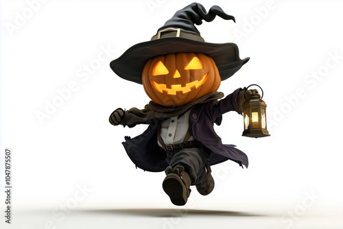 Personagem de Halloween com cabeça de abóbora sorridente, chapéu de bruxa e lanterna, em poses divertidas e iluminação sombria, criado por IA generativa. photo