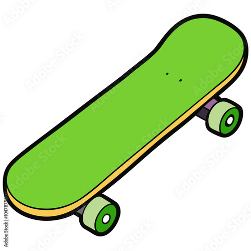 A cartoon illustration of a green skateboard with wheels, perfect for adding a fun and playful element to your designs. This vector graphic is ideal for use in children's products.