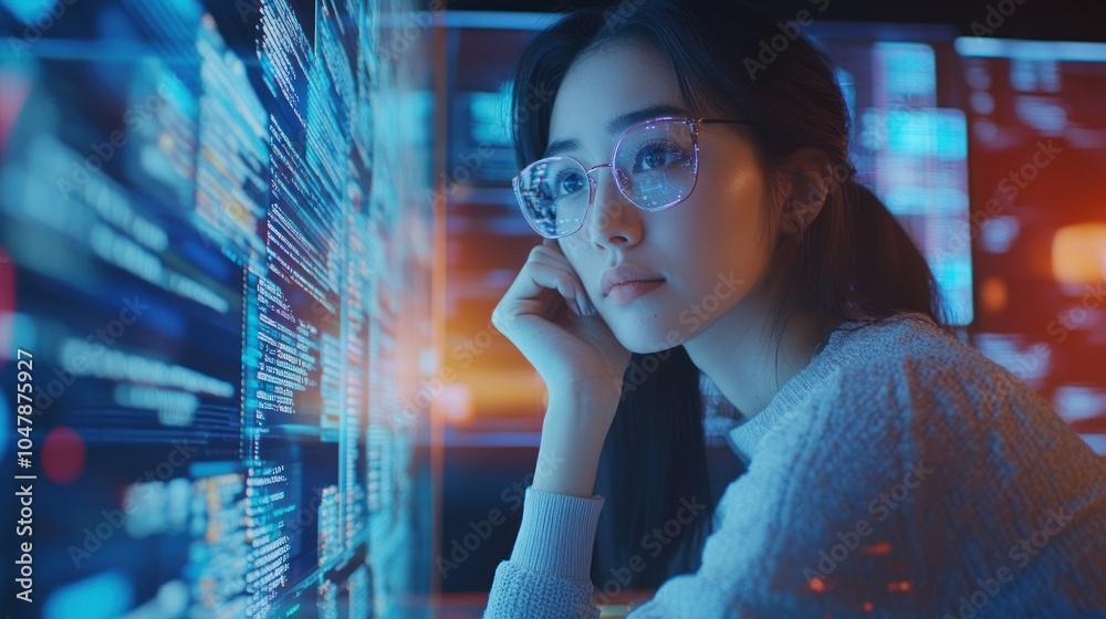 A young woman with glasses looks thoughtfully at a large screen displaying lines of code in a dark room. A young woman with glasses looks thoughtfully at a large screen displaying lines of code in a dark room.