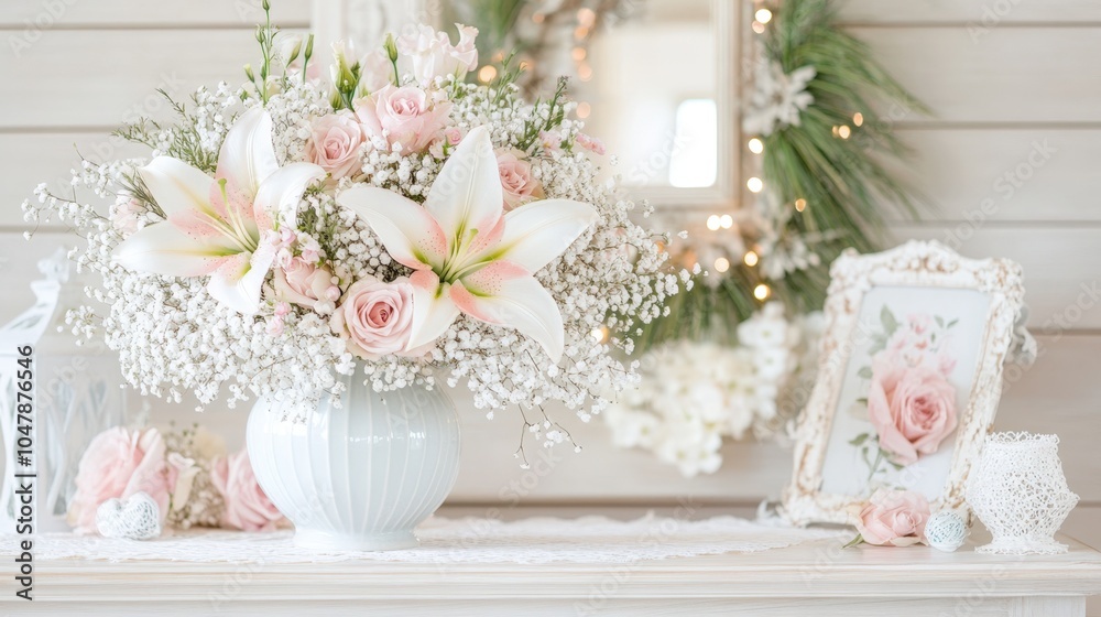 Elegant floral arrangement with lilies and roses for romantic home decor Elegant floral arrangement with lilies and roses for romantic home decor