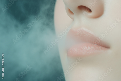 close up of woman's lips exhaling smoke against blurred background photo