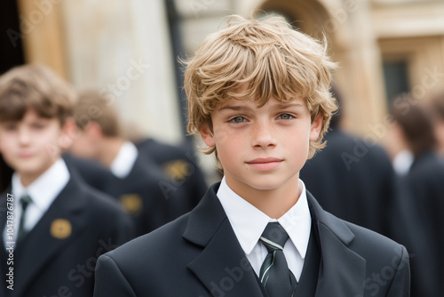 young student wearing formal suit and tie at prestigious private school photo