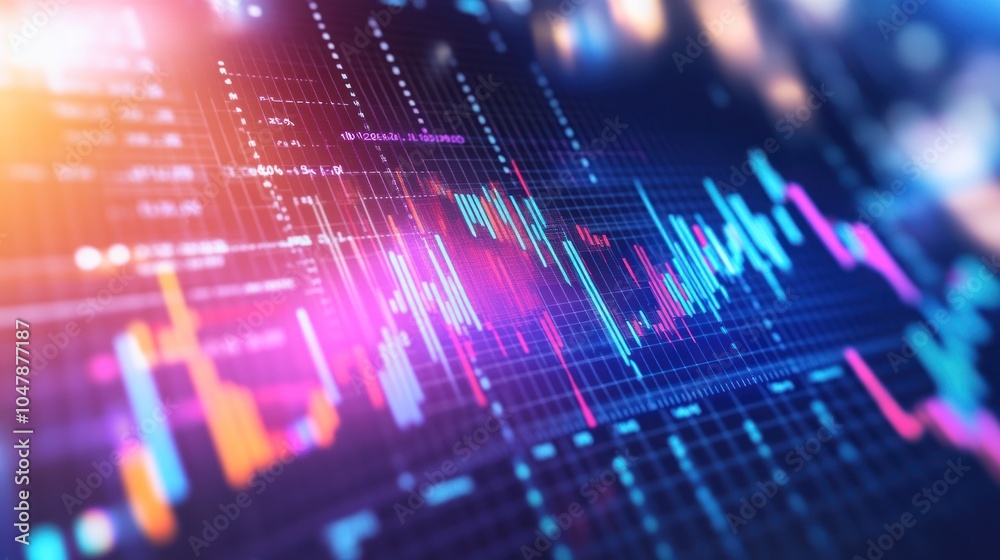 custom made wallpaper toronto digitalA close-up shot of a computer screen displaying a colorful stock market chart with numbers and data.