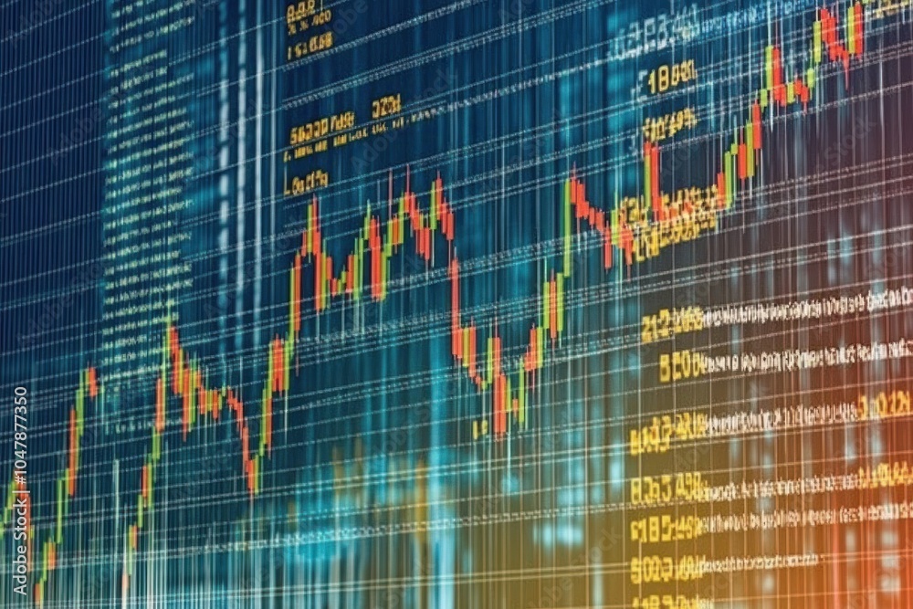 Fototapeta premium A close-up of a stock market chart displaying a red and green line graph representing the rise and fall of stock prices.
