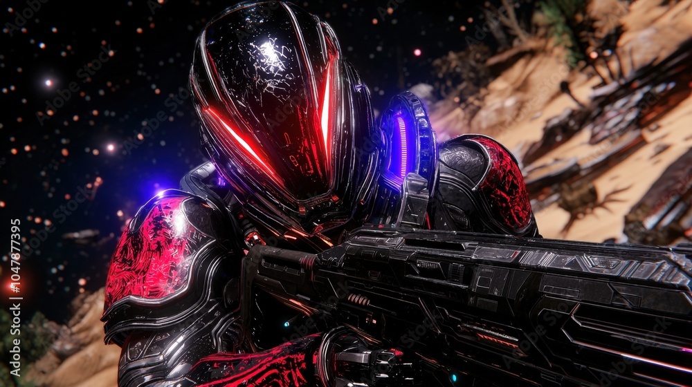 Futuristic warrior in detailed sci-fi armor with cosmic background Futuristic warrior in detailed sci-fi armor with cosmic background