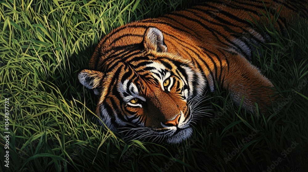 Obraz premium Tiger Relaxing in Lush Green Grass