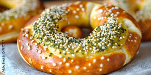 A close-up of a pretzel topped with colorful sprinkles, showcasing its appetizing texture.