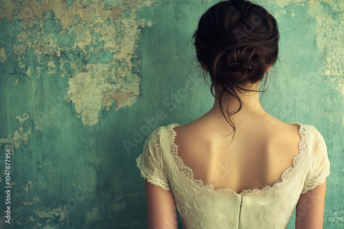 woman in vintage dress against weathered green wall, rear view