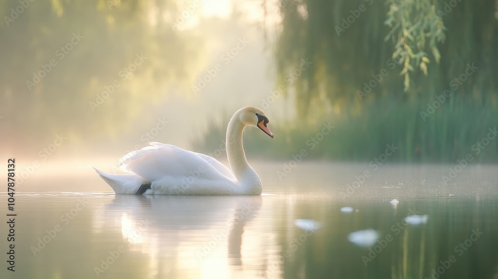 Fototapeta premium Graceful swan gliding on serene lake at sunrise in misty morning