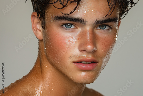 portrait of young man with wet skin with water droplets