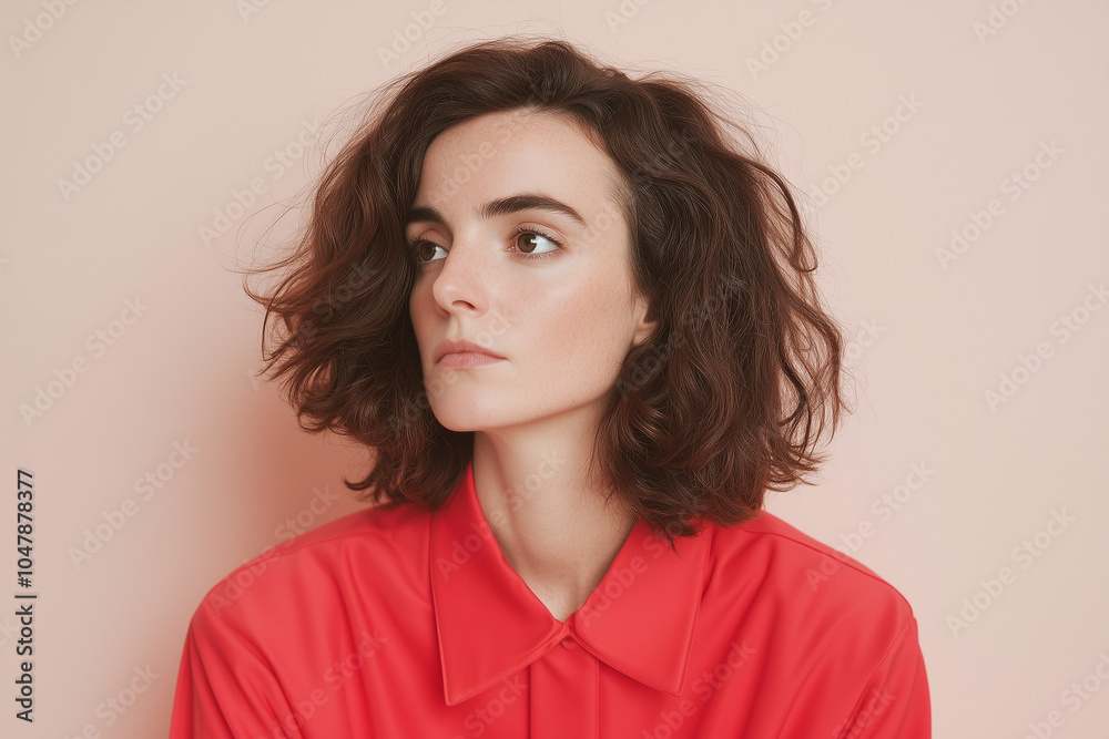 Obraz premium young woman with dark wavy hair in red shirt looking away on pink background