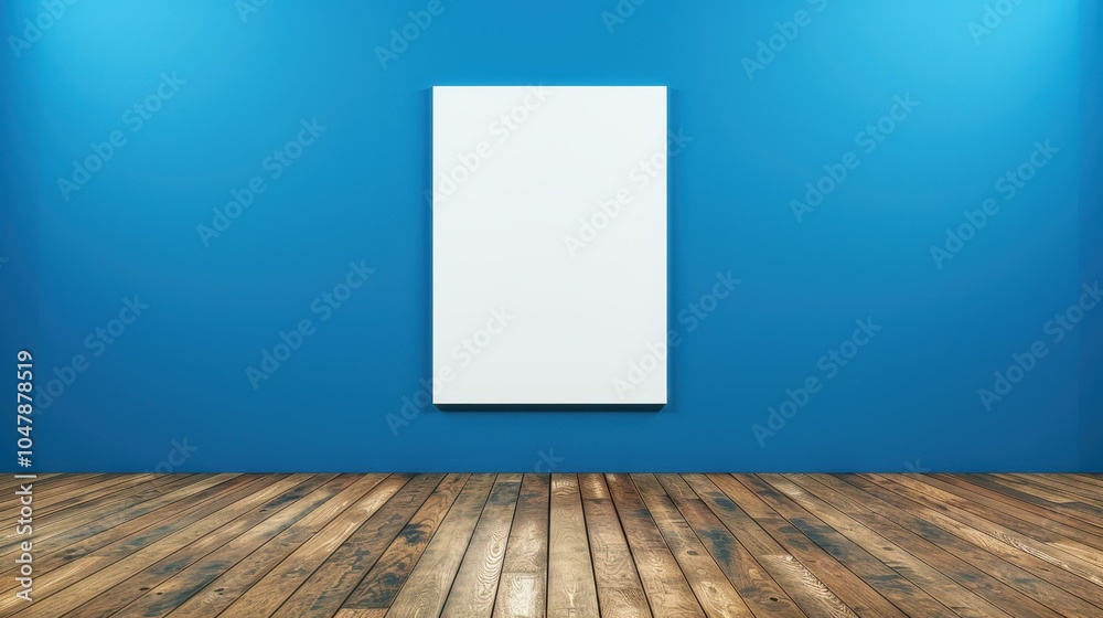 A blank white poster hangs on a blue wall, complemented by a wooden floor, perfect for modern design displays in a chic gallery.