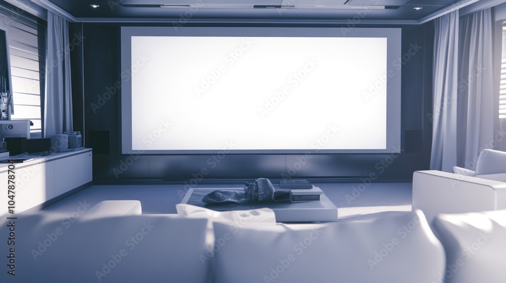 Modern home theater with a large screen, white couches, and a coffee table. Modern home theater with a large screen, white couches, and a coffee table.