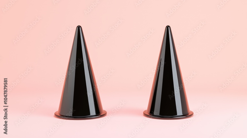 Minimalist black traffic cones on soft pink background for modern design concepts Minimalist black traffic cones on soft pink background for modern design concepts