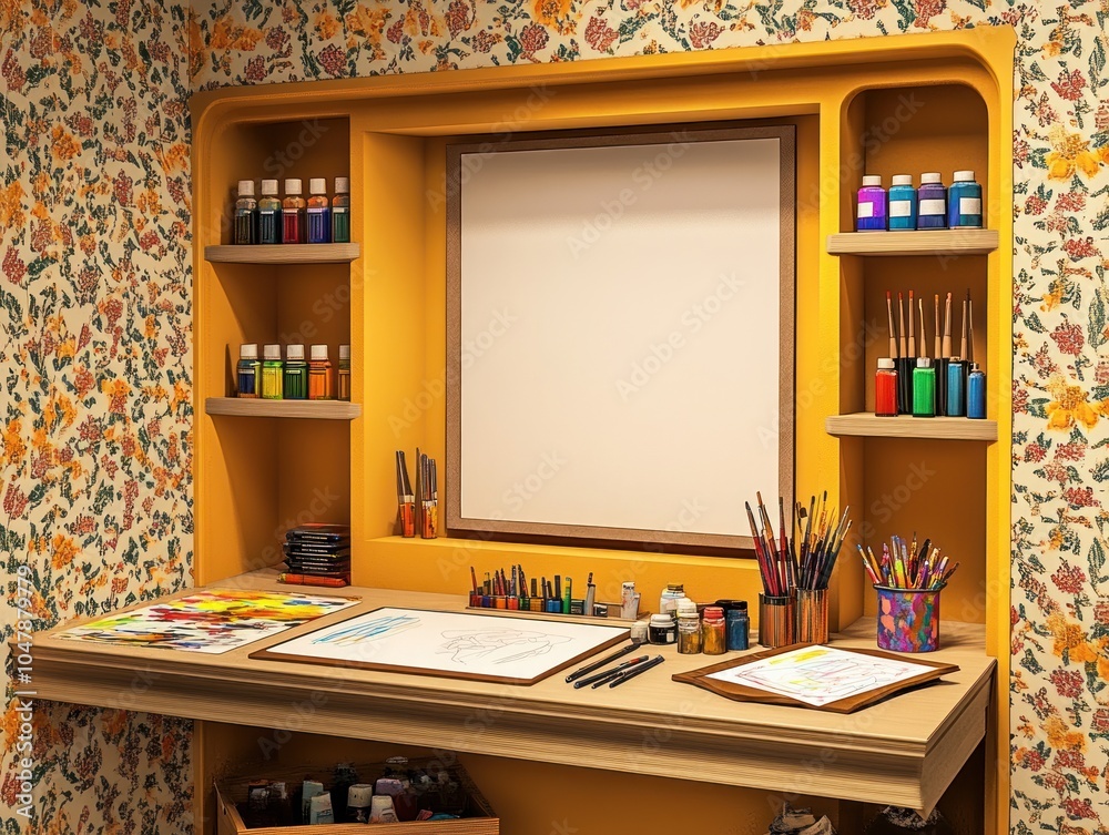 An artist's workspace with an empty canvas, paintbrushes, paints, and other art supplies. An artist's workspace with an empty canvas, paintbrushes, paints, and other art supplies.