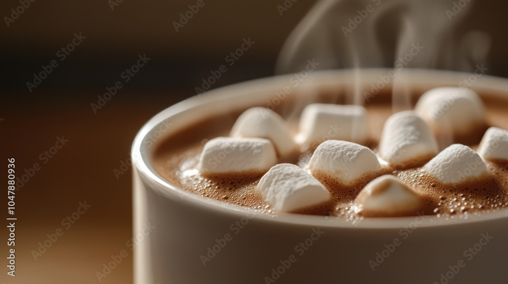close up of hot cocoa topped with fluffy marshmallows, steam rising gently, creating cozy and inviting atmosphere. Perfect for winter warmth and comfort close up of hot cocoa topped with fluffy marshmallows, steam rising gently, creating cozy and inviting atmosphere. Perfect for winter warmth and comfort