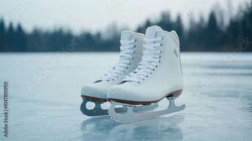 Close up of ice skates on frozen pond, showcasing their sleek design and ready for skating. serene winter landscape adds to excitement of ice skating