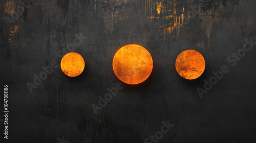 A moody and mysterious atmosphere with three glowing orange circles, black circles, and anthrazit shapes on a slate background, emphasizing the shadows and silences of the night photo