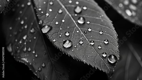 Dew drops clinging to a spider web like dew on a leaf. Black and white art photo