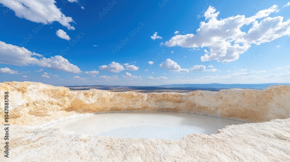 Majestic limestone pool under blue sky with puffy clouds Majestic limestone pool under blue sky with puffy clouds