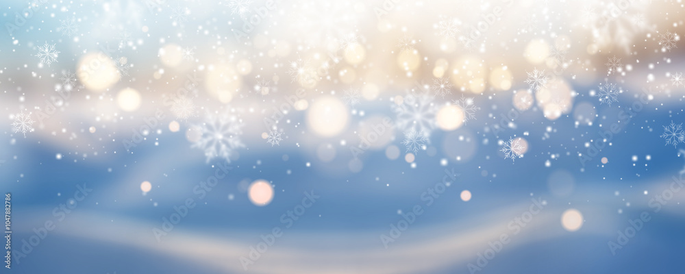 Naklejka premium Snowflakes On Snow With Bokeh Of Christmas Lights