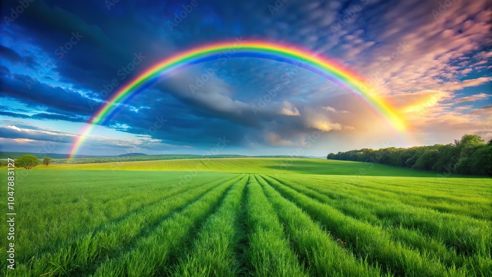 Symmetrical rainbow over green field Symmetrical rainbow over green field