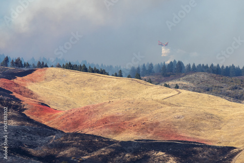 Aerial Firefighting Plane Over Smoke Covered Forest Hillside