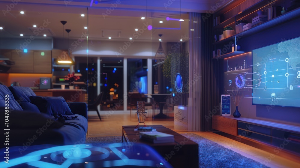 Modern Living Room with Futuristic Smart Home Technology Interface Modern Living Room with Futuristic Smart Home Technology Interface