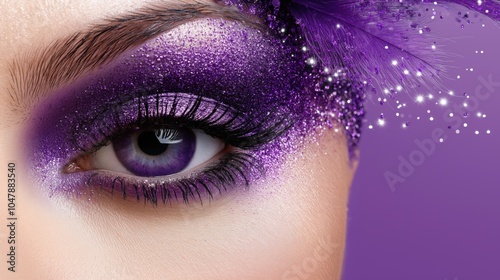 Vibrant purple eye makeup with glitter and feathers: a glamorous beauty look