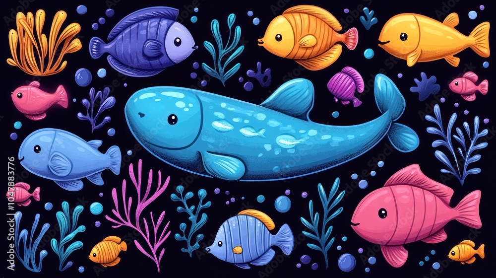 Colorful cartoon fish and seaweed on a dark background. Colorful cartoon fish and seaweed on a dark background.