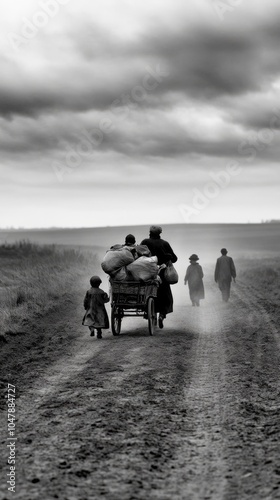 Stark portrayal - black and white depiction of Great Depression's drama, capturing intense hardship, emotional struggles, bleak realities of turbulent era through striking contrasts, powerful imagery.