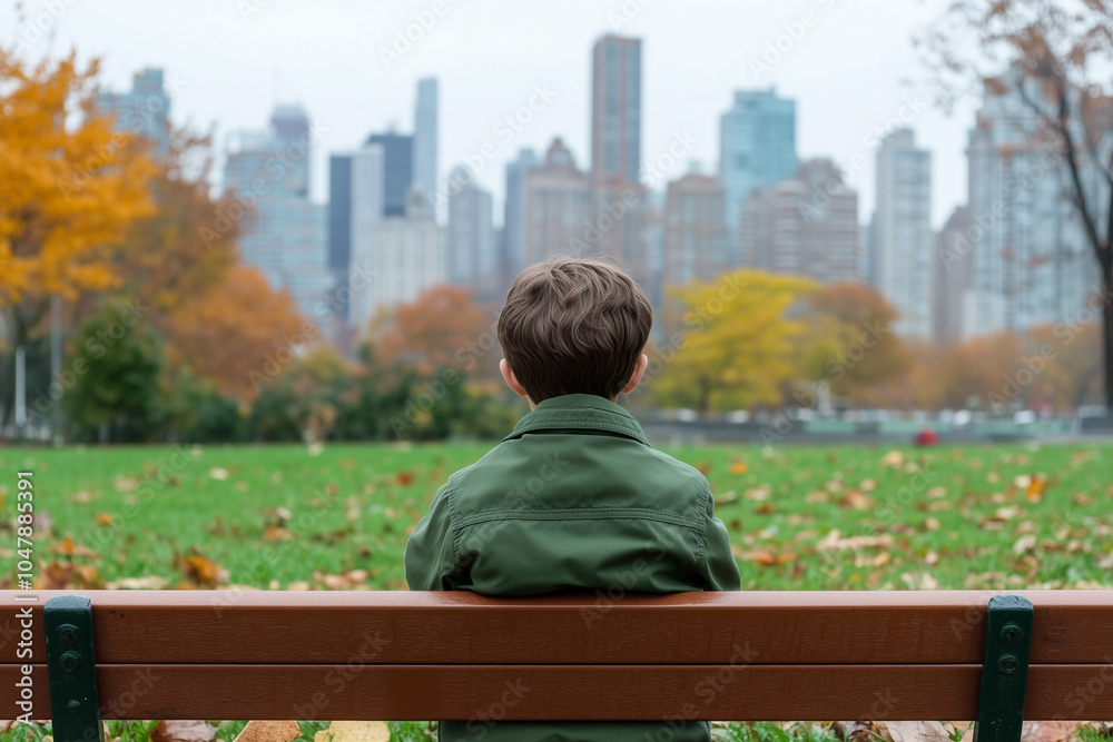 Fototapeta premium rear view of child sitting alone on wooden bench looking at autumn city skyline with fall foliage