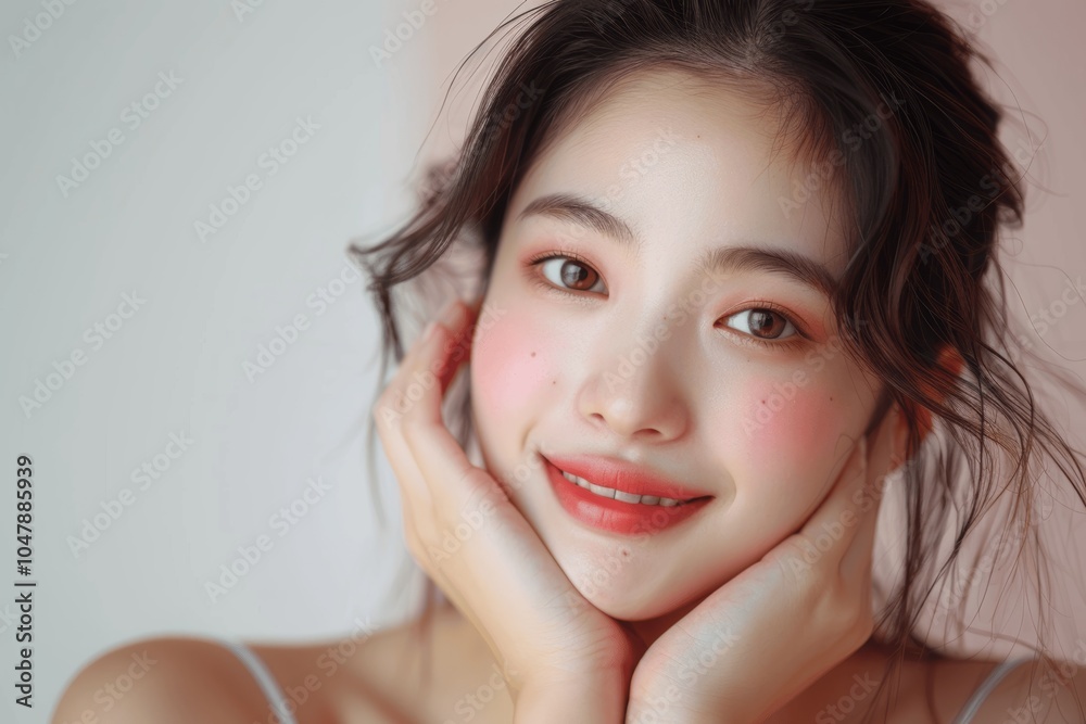 Beautiful Young Asian Woman Smiling with Perfect Skin Hand on Chin Beautiful Young Asian Woman Smiling with Perfect Skin Hand on Chin