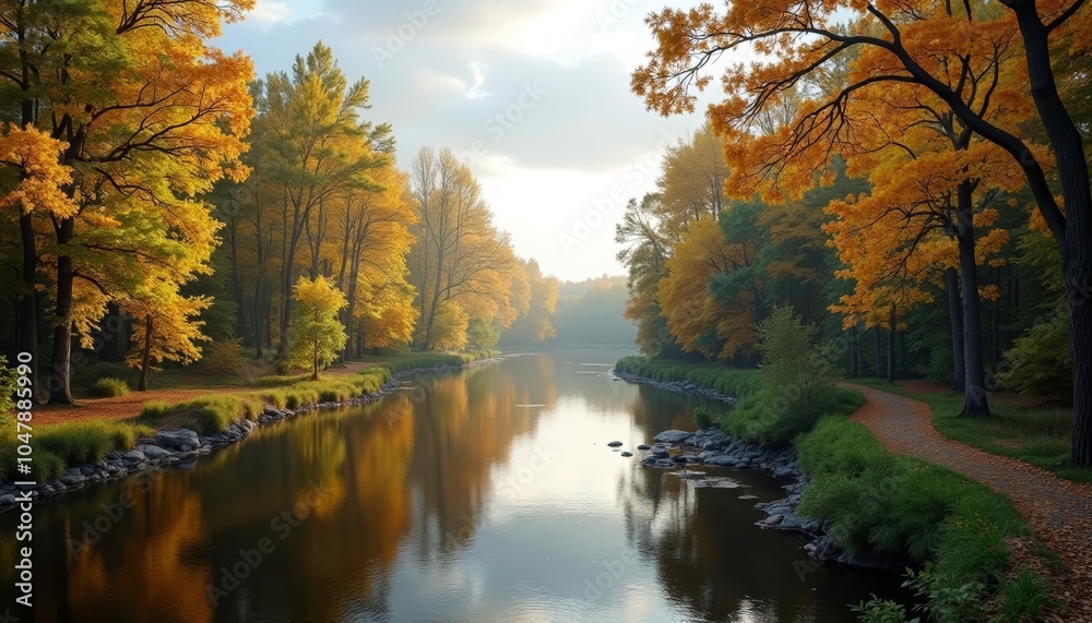 Fototapeta premium Autumns tranquil embrace A serene river journey