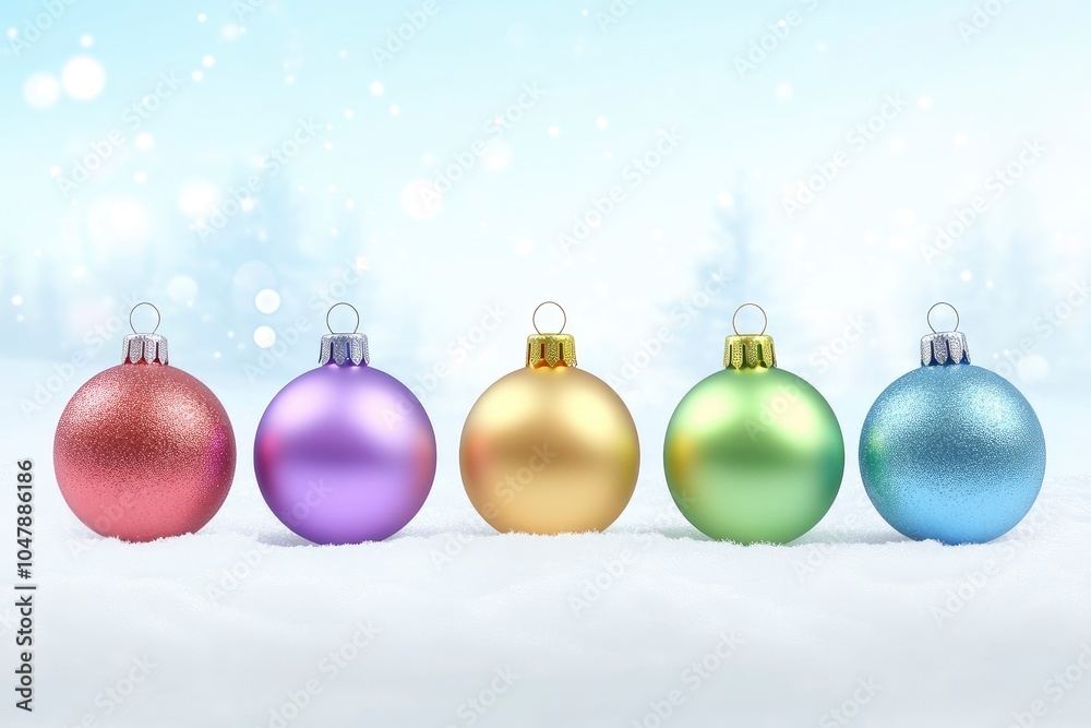 Christmas banner or greeting card design. Christmas tree balls on snow background. Wide Xmas banner mockup, header, flyer Christmas banner or greeting card design. Christmas tree balls on snow background. Wide Xmas banner mockup, header, flyer