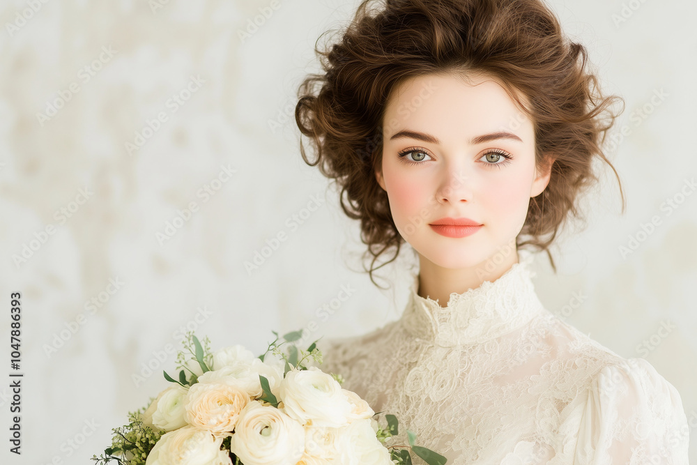 Naklejka premium vintage bridal portrait with white roses bouquet in natural light against beige background